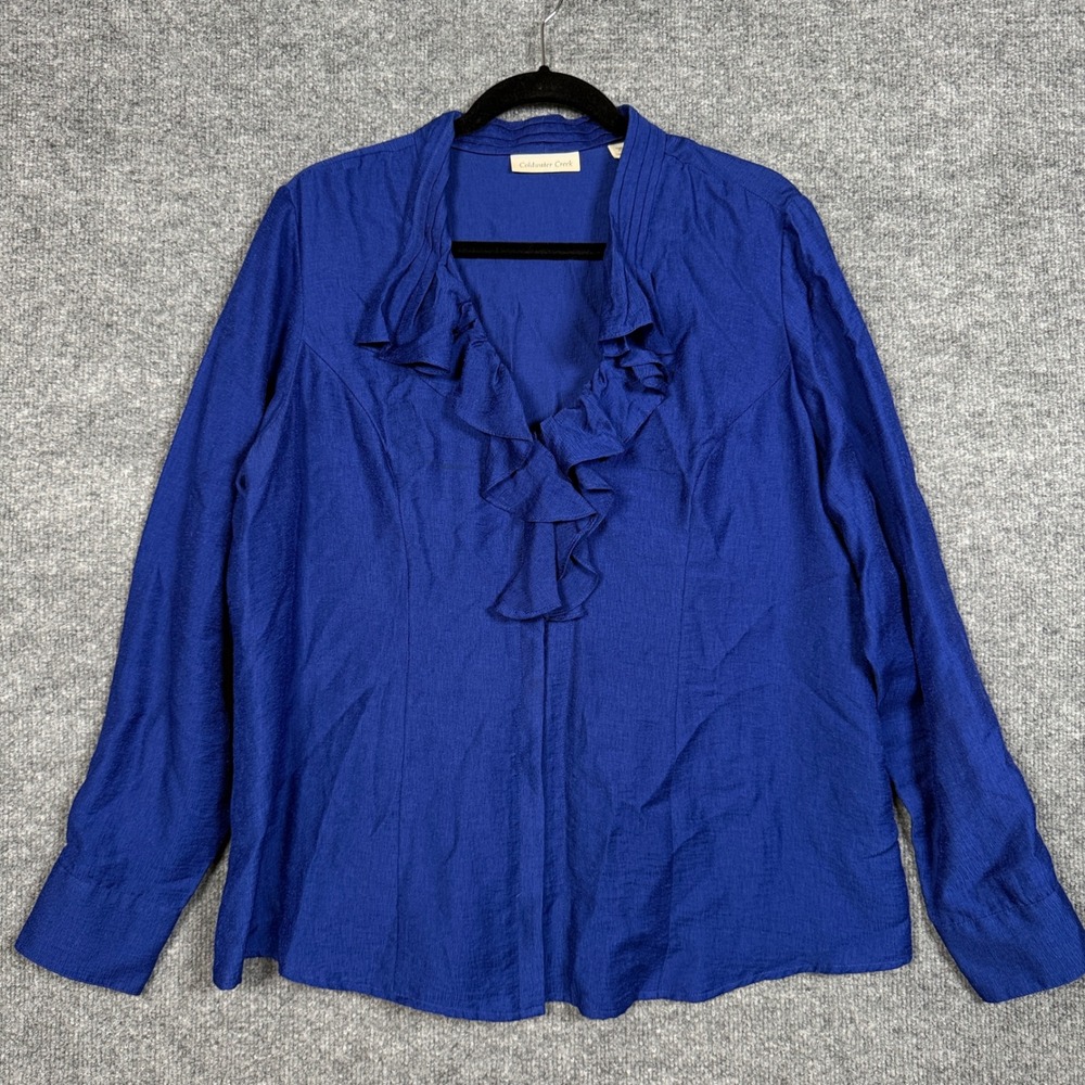 Coldwater Creek Plus Size 1X Blouse Blue Ruffled Neck Pleated Back Long Sleeves